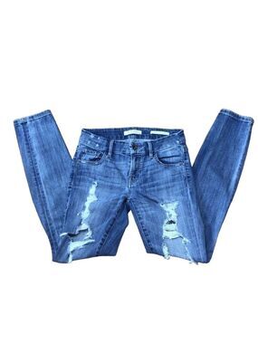 GUESS Power Curvy Mid Rise Distressed Stretch Jeans Women Size 25 Denim ripped